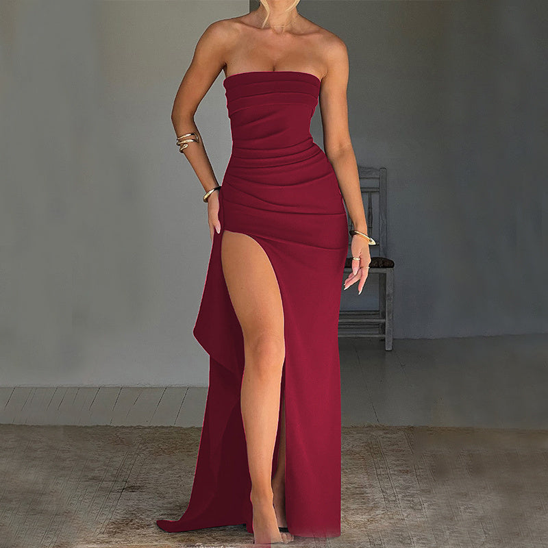 Women's Strapless Pleated Bridesmaid Dress – Long Split Evening Gown for Weddings & Galas
